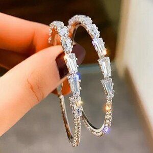 NEW STERLING SILVER DIAMOND HOOP EARRINGS, NICE EARRINGS, CUTE EARRINGS